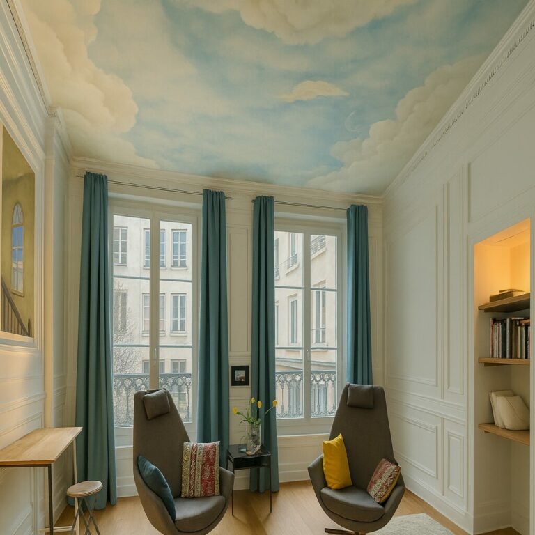 Deux fauteuils modernes face à de grandes fenêtres avec rideaux bleus, dans un salon élégant au plafond peint en ciel nuageux.