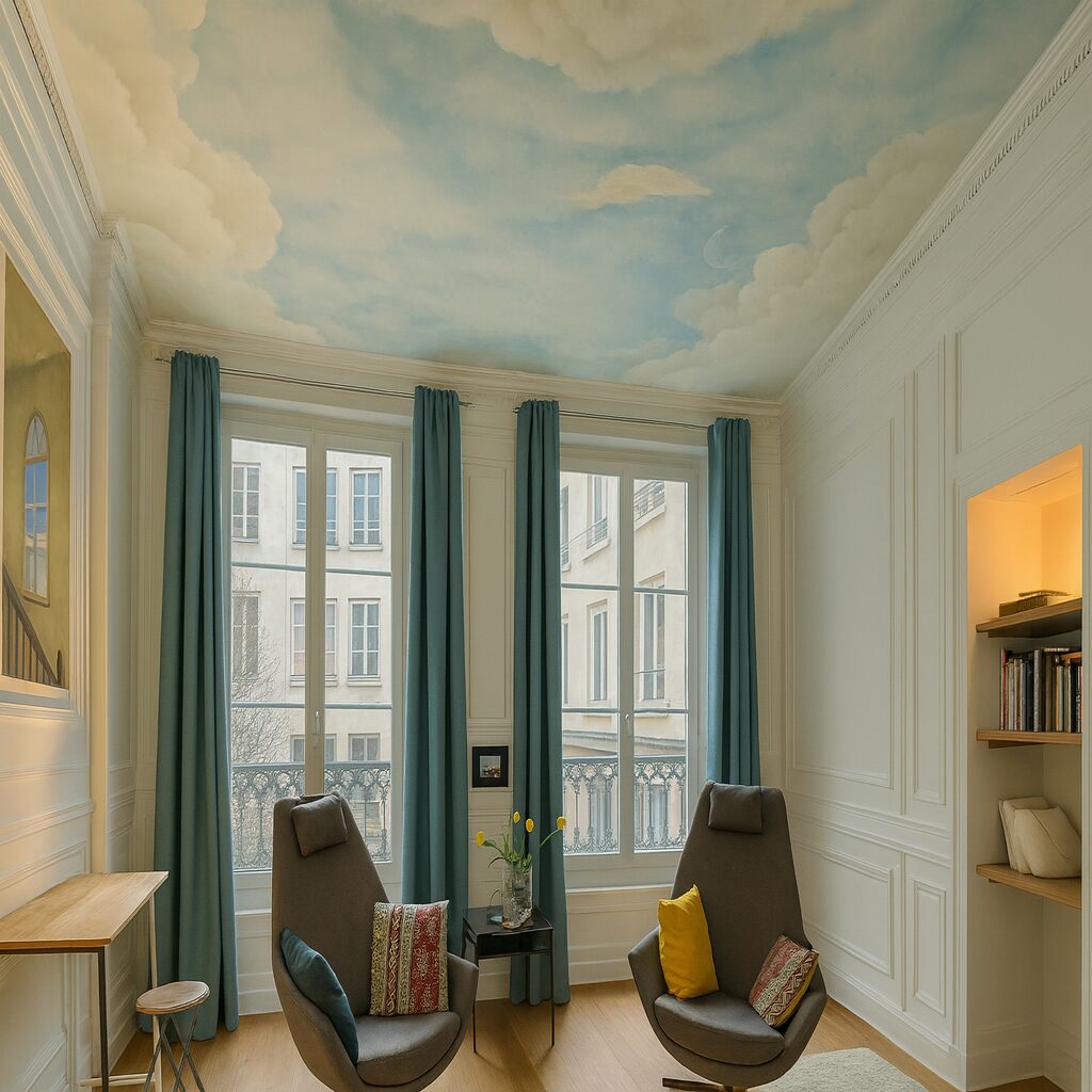 Deux fauteuils modernes face à de grandes fenêtres avec rideaux bleus, dans un salon élégant au plafond peint en ciel nuageux.
