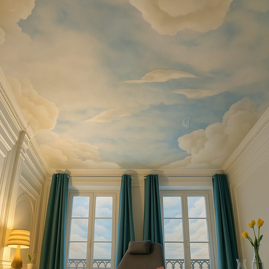 Plafond peint représentant un ciel nuageux avec des rideaux bleu turquoise et un intérieur lumineux et raffiné.