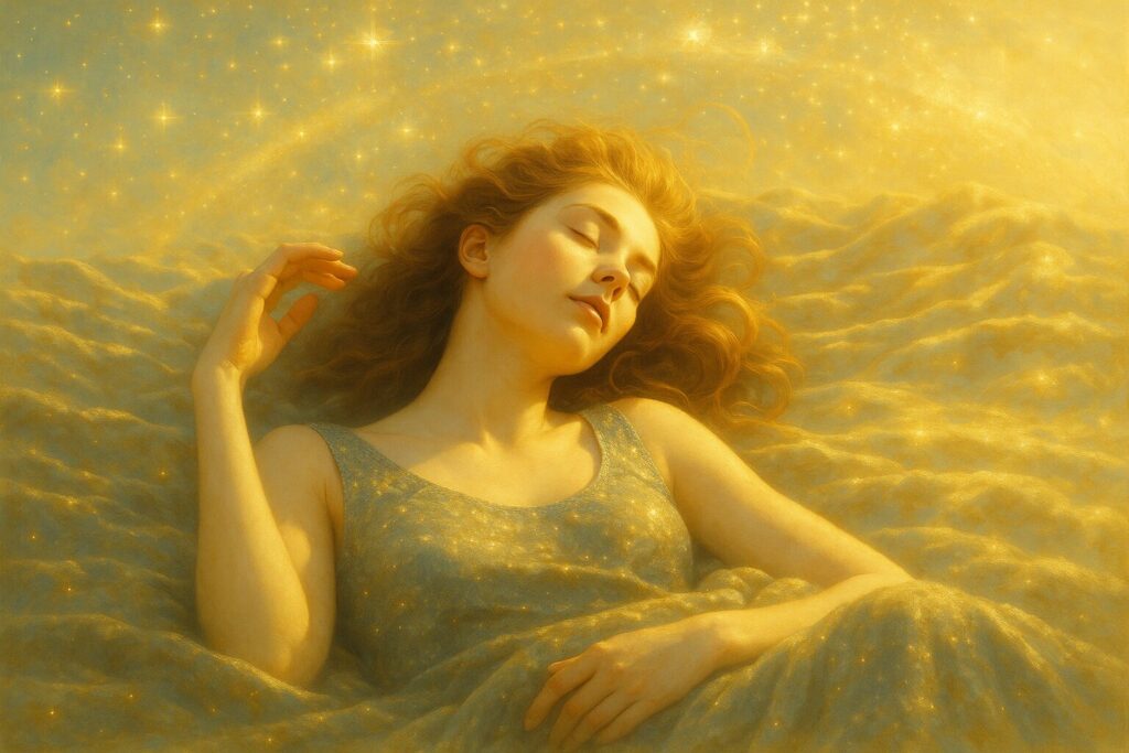 Portrait artistique d’une femme endormie, baignée de lumière dorée, évoquant un état de sérénité et de connexion céleste.