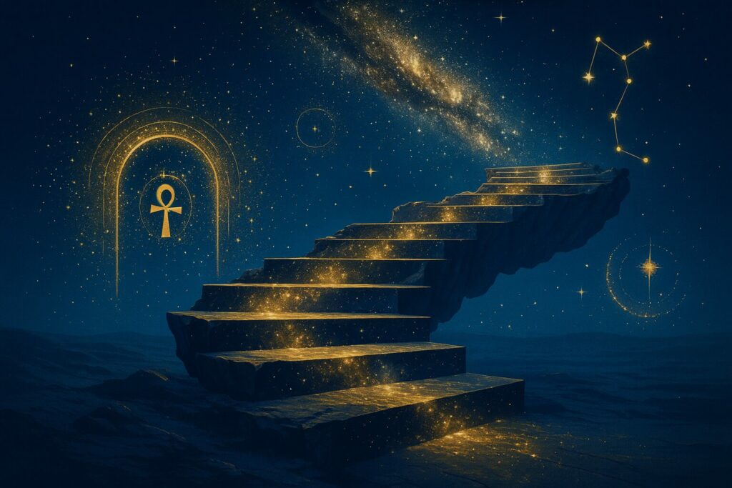 Escalier de pierre illuminé menant vers la galaxie, symbole de l’élévation spirituelle et de la connexion aux étoiles.