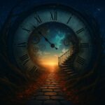 Illustration fantastique d’une immense horloge ancienne s’ouvrant comme un portail vers un ciel étoilé, avec un chemin de pierres et un escalier menant vers la lumière.