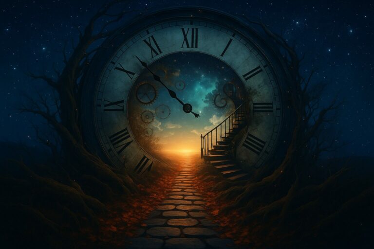 Illustration fantastique d’une immense horloge ancienne s’ouvrant comme un portail vers un ciel étoilé, avec un chemin de pierres et un escalier menant vers la lumière.