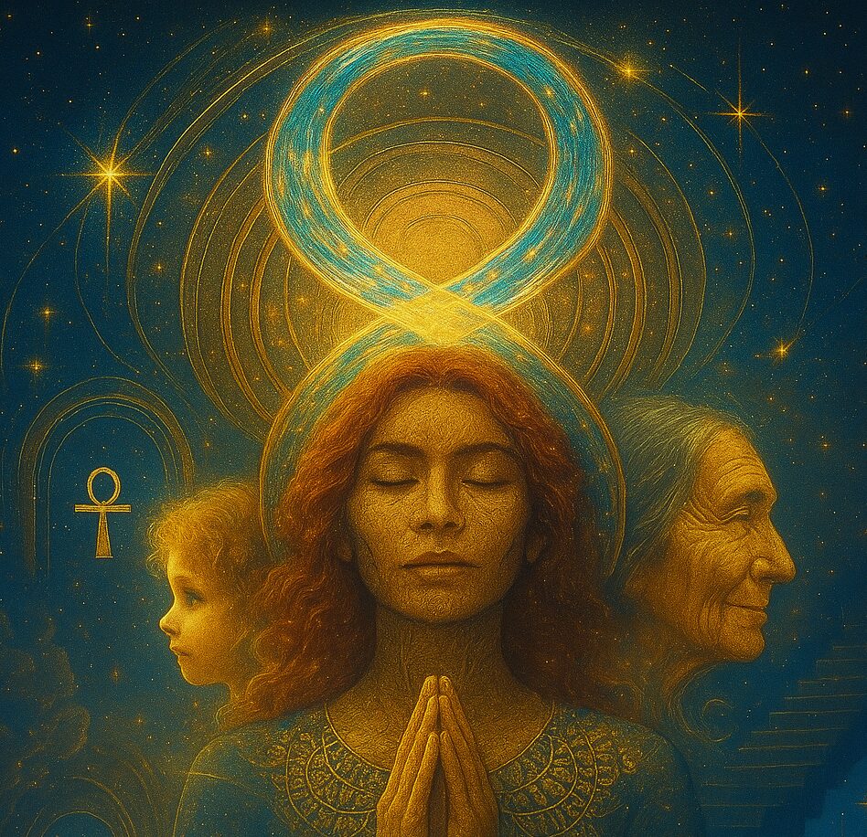 Représentation symbolique de la femme à travers les âges : l’enfant, la femme et la sage, unies sous un infini de lumière dorée dans un ciel étoilé, main dans la main, guidées par la lumière intérieure.