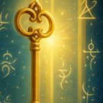 Silhouette lumineuse en méditation entourée de symboles de langage de lumière, représentant l’ouverture du canal.