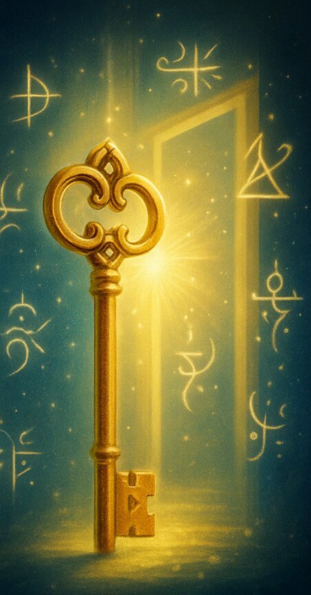 Silhouette lumineuse en méditation entourée de symboles de langage de lumière, représentant l’ouverture du canal.