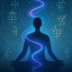 Figure méditative traversée par une spirale de lumière bleue et violette, symbolisant l’intégration vibratoire et la libération de mémoires.