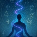 Figure méditative traversée par une spirale de lumière bleue et violette, symbolisant l’intégration vibratoire et la libération de mémoires.