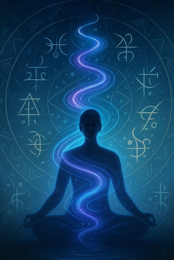 Figure méditative traversée par une spirale de lumière bleue et violette, symbolisant l’intégration vibratoire et la libération de mémoires.