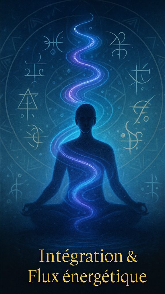 Figure méditative traversée par une spirale de lumière bleue et violette, symbolisant l’intégration vibratoire et la libération de mémoires.