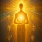 Figure rayonnante tenant une sphère lumineuse, irradiant des codes de lumière vers l’extérieur.