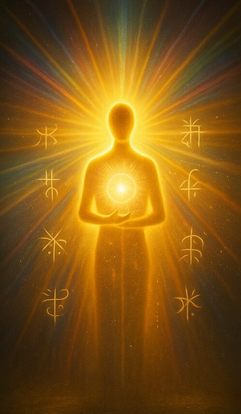 Figure rayonnante tenant une sphère lumineuse, irradiant des codes de lumière vers l’extérieur.