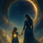 Une femme adulte tenant la main de son enfant intérieur, une petite fille illuminée par une étoile dorée au cœur, marchant ensemble sur un chemin de nuages vers un portail céleste.