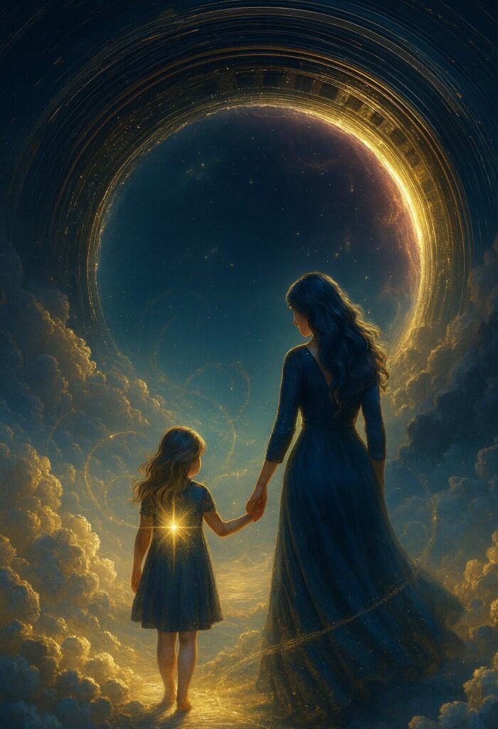 Une femme adulte tenant la main de son enfant intérieur, une petite fille illuminée par une étoile dorée au cœur, marchant ensemble sur un chemin de nuages vers un portail céleste.