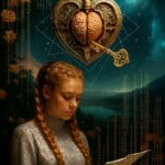 Illustration symbolique représentant une jeune femme en méditation lisant une lettre de lumière, sous un cœur mécanique abritant un cerveau doré, symbole de l’union entre le mental et le cœur dans le processus de libération d’un accord d’âme.