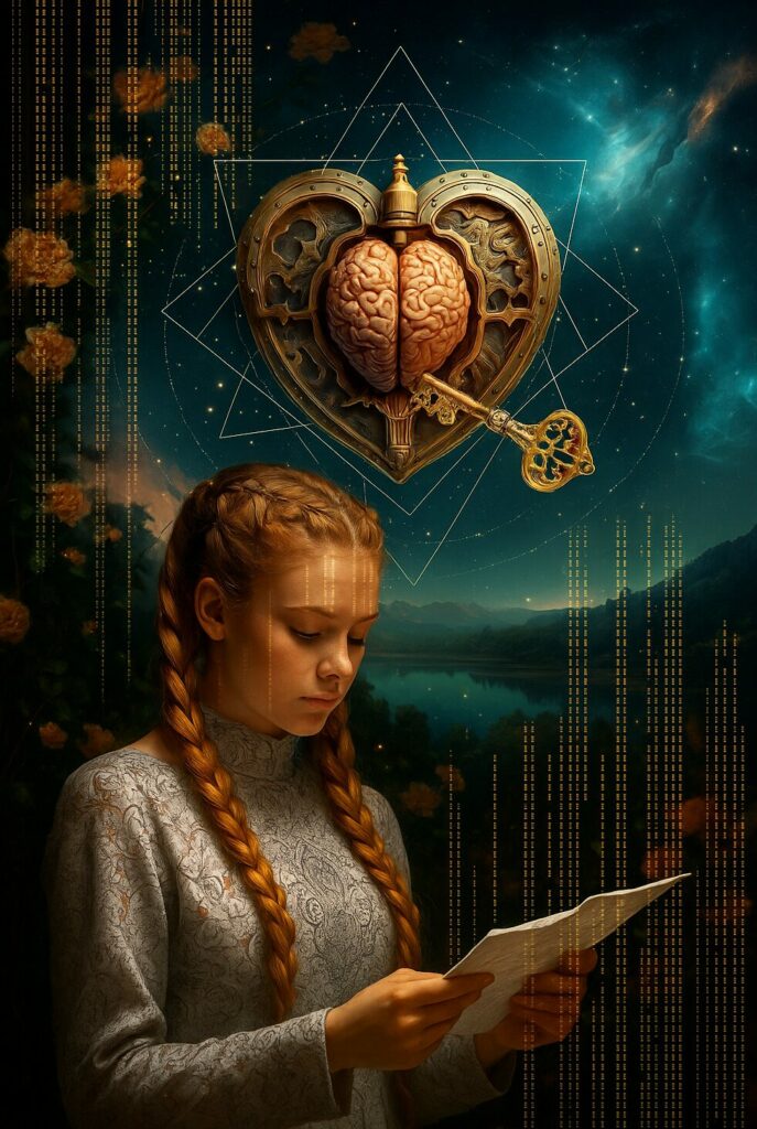 Illustration symbolique représentant une jeune femme en méditation lisant une lettre de lumière, sous un cœur mécanique abritant un cerveau doré, symbole de l’union entre le mental et le cœur dans le processus de libération d’un accord d’âme.