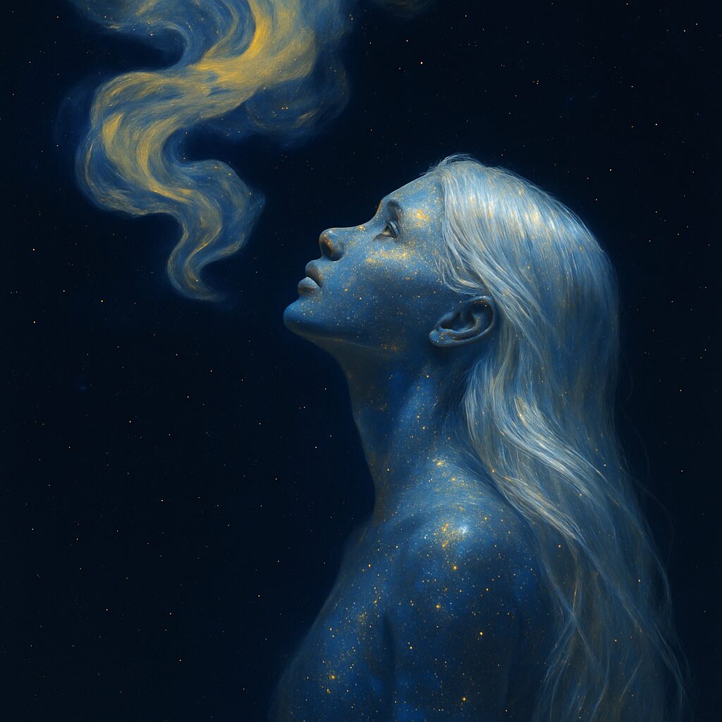 Illustration d’une femme bleutée aux cheveux longs, parsemée d’étoiles dorées, qui lève la tête vers des volutes de fumée dorées flottant dans un ciel nocturne étoilé.