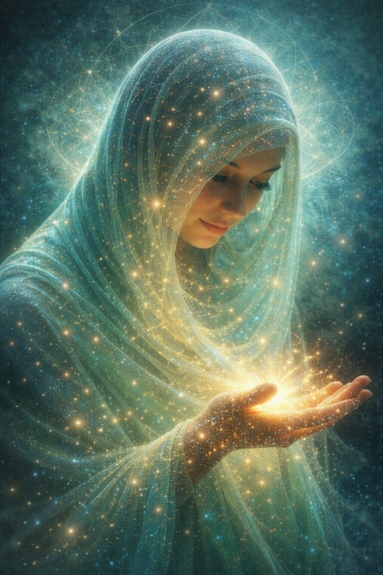 Femme enveloppée de lumière turquoise tenant une sphère dorée, symbolisant l’apaisement du système nerveux, la régulation émotionnelle et l’écoute du corps en douceur.