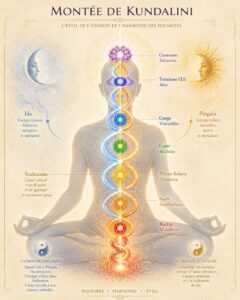Illustration spirituelle d’une personne méditant en lotus, avec les chakras alignés le long de la colonne vertébrale. Deux courants lumineux, Ida et Pingala, s’entrelacent autour du canal central Sushumna, symbolisant la montée de Kundalini et l’harmonisation des polarités.