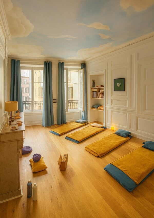 salle-meditation-lyon-avianova Salle de méditation lumineuse avec tapis au sol, plafond peint en ciel et nuages, dédiée aux soins et pratiques énergétiques.